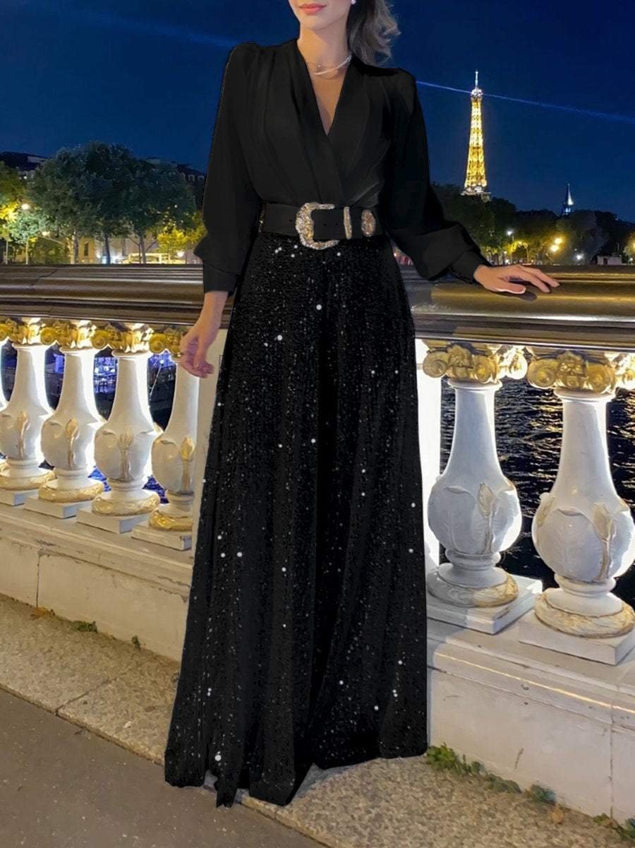 🔥Stylish V-Neck Long Sleeve Shirt & Sequin Wide Leg Pants Two Piece Set