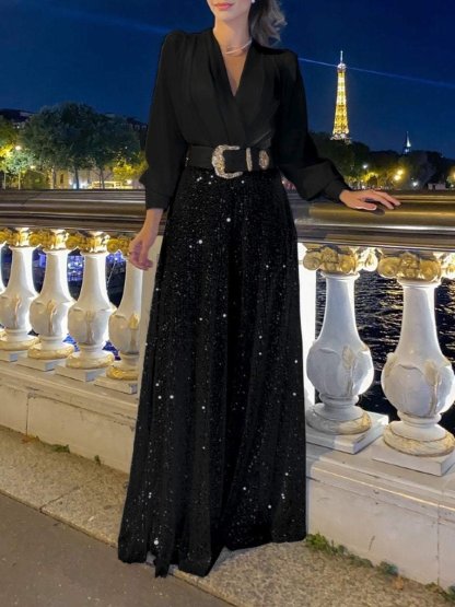 🔥Stylish V-Neck Long Sleeve Shirt & Sequin Wide Leg Pants Two Piece Set