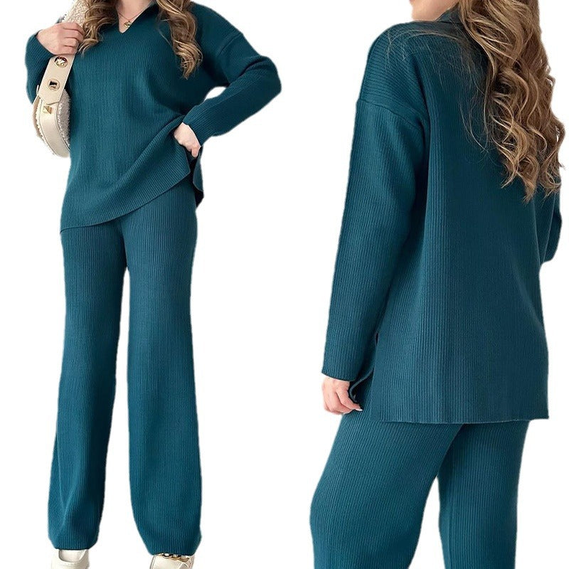 🔥Solid color fashionable lapel loose casual sweater two-piece set