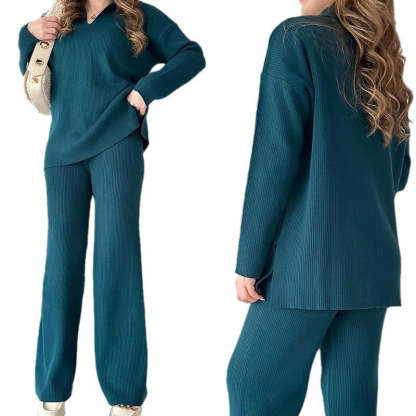 🔥Solid color fashionable lapel loose casual sweater two-piece set