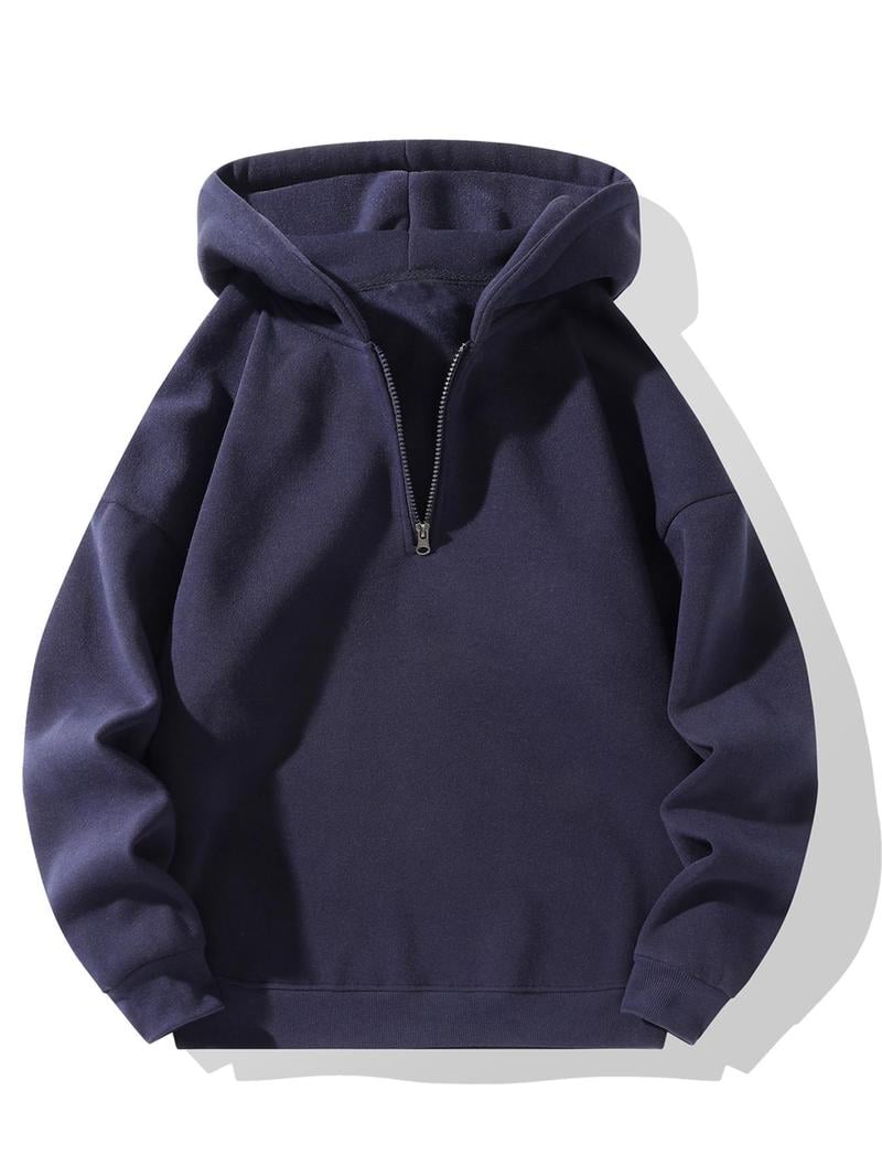 💥LAST DAY SALE 49% OFF💥 Regular Fit Solid Half Zip Drop Shoulder Essentials Hoodie