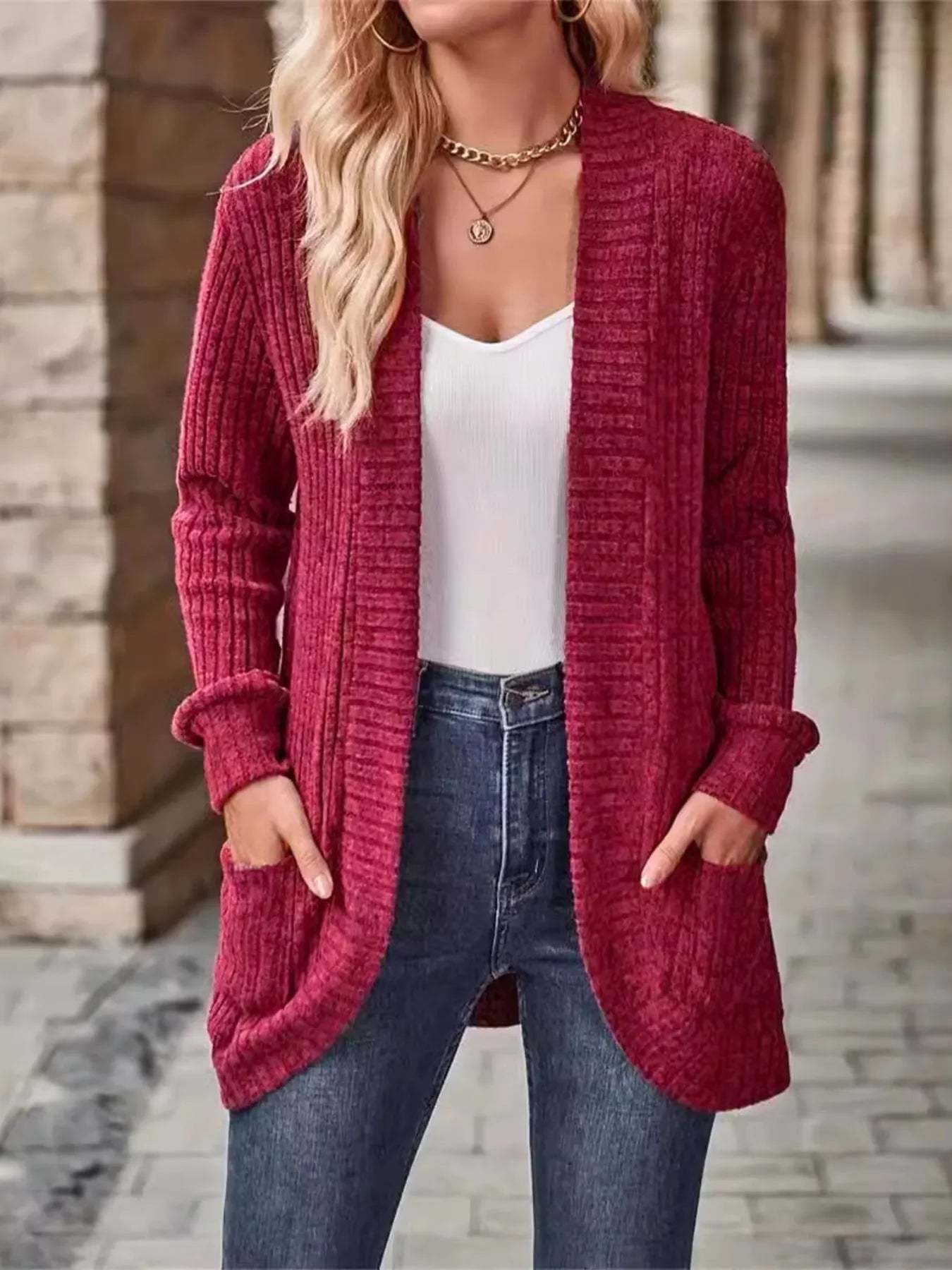 CLEARANCE🔥Ribbed Open Front Long Cardigan with Pockets