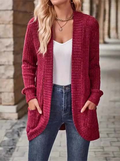 CLEARANCE🔥Ribbed Open Front Long Cardigan with Pockets