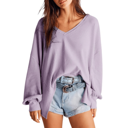 🔥Womens Waffle Knit Tops 2025 Fashion Long Lantern Sleeve Casual Blouses V Neck Oversized T Shirts