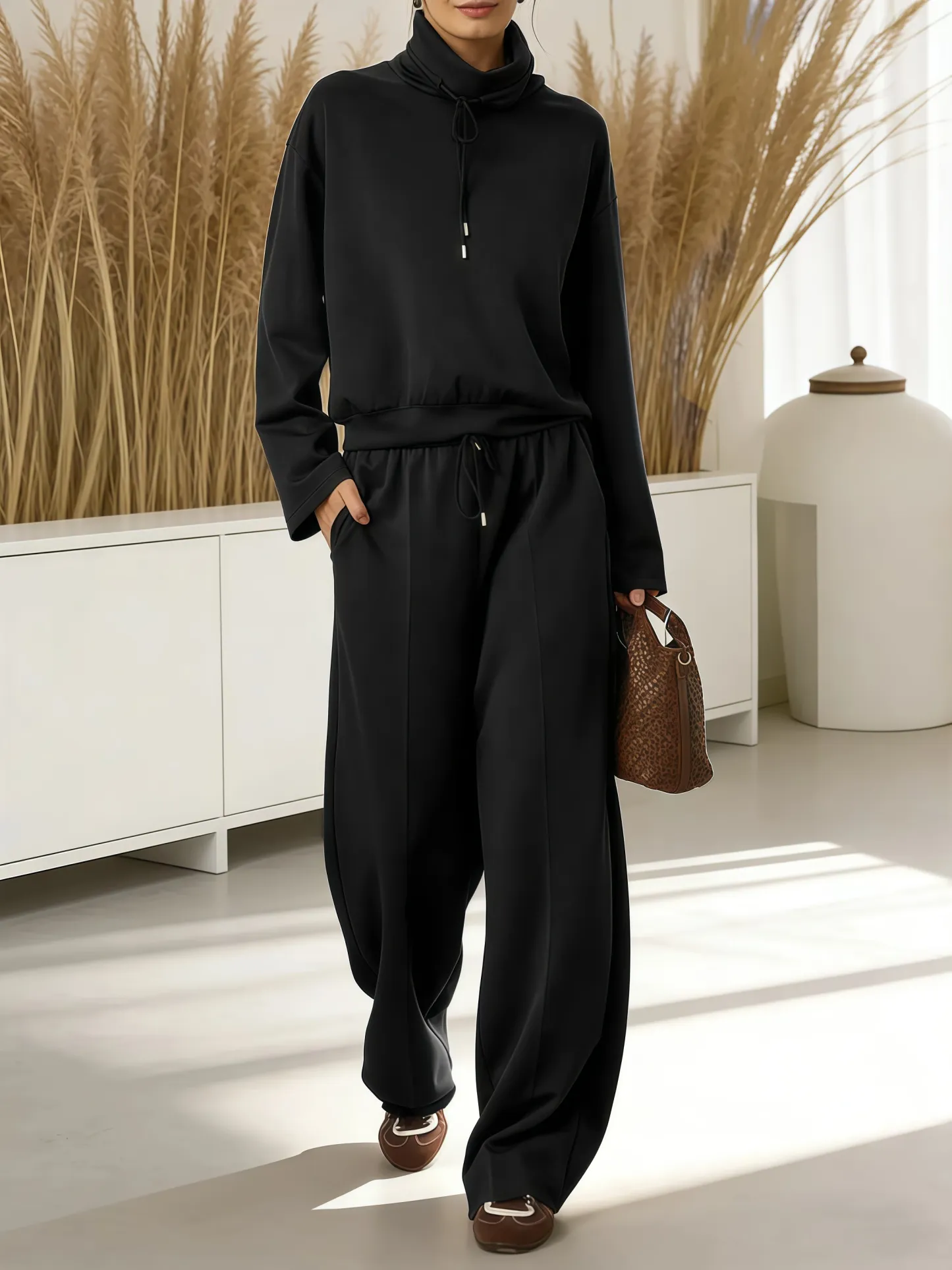 ⏰ LAST DAY 💥2026 Women's Solid Color High-neck Drawstring Long-sleeve Casual Loose-fitting Sweatshirt 2-piece Set