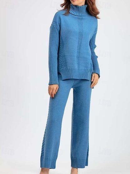 Turtleneck Sweater Co-ords Knitted Fall Winter Home Basic Casual Long Sleeve Solid Color Royal Blue Orange