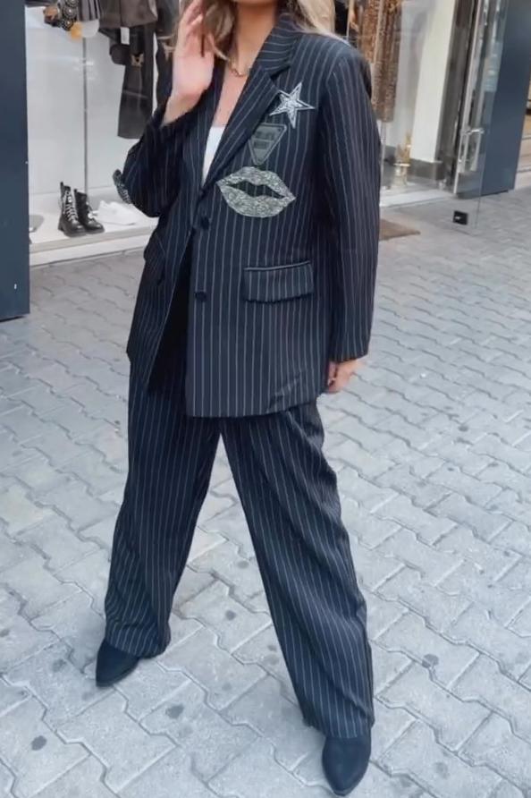 Ladies Casual Commuting Lip Print Stripe Suit
