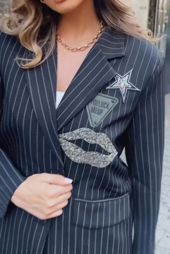 Ladies Casual Commuting Lip Print Stripe Suit