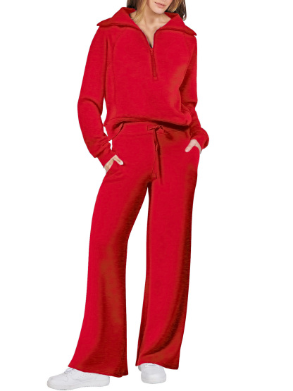 Women's Cotton Two-Piece Oversized Half-Zip Sweatshirt Wide Leg Sweatpants Casual Suit