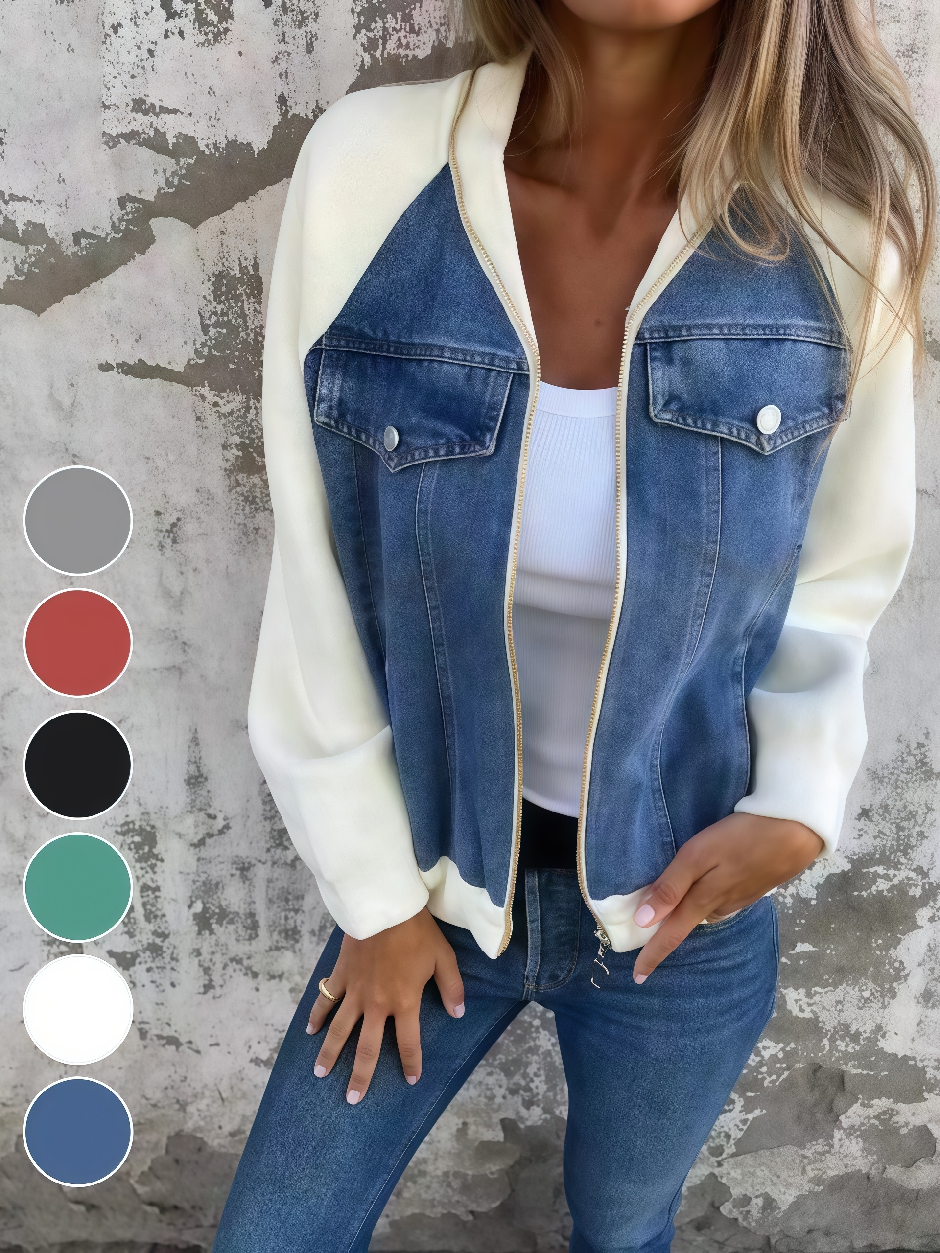 🔥Vintage Denim Patchwork Zip-Up Jacket, Unisex Streetwear (Matching jeans optional)