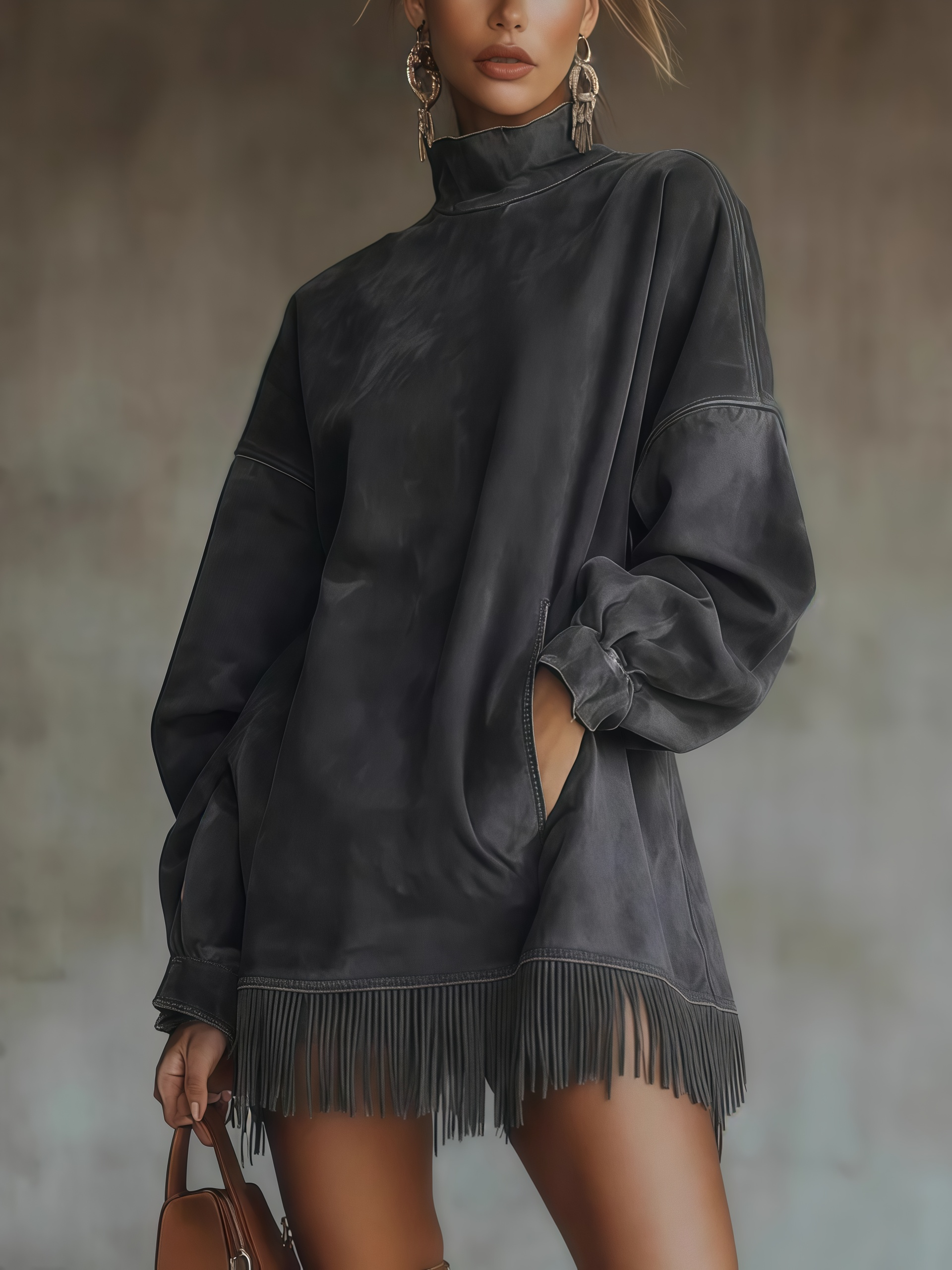 🔥Casual Turtleneck Pocket Dress with Tassel Hem