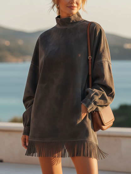 🔥Casual Turtleneck Pocket Dress with Tassel Hem