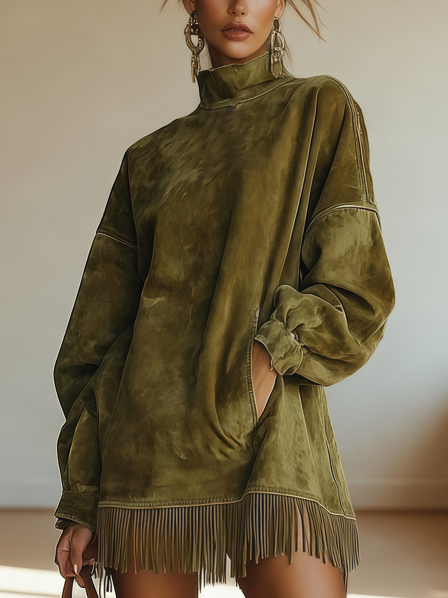 🔥Casual Turtleneck Pocket Dress with Tassel Hem