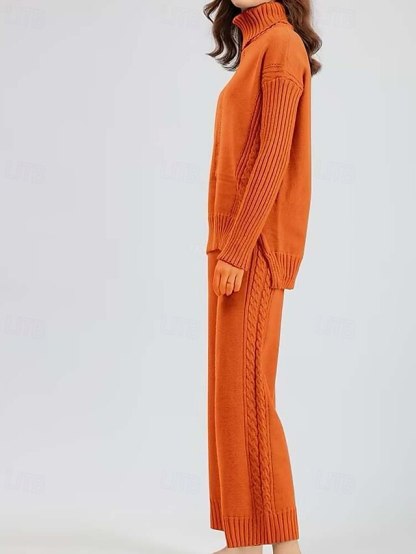 Turtleneck Sweater Co-ords Knitted Fall Winter Home Basic Casual Long Sleeve Solid Color Royal Blue Orange