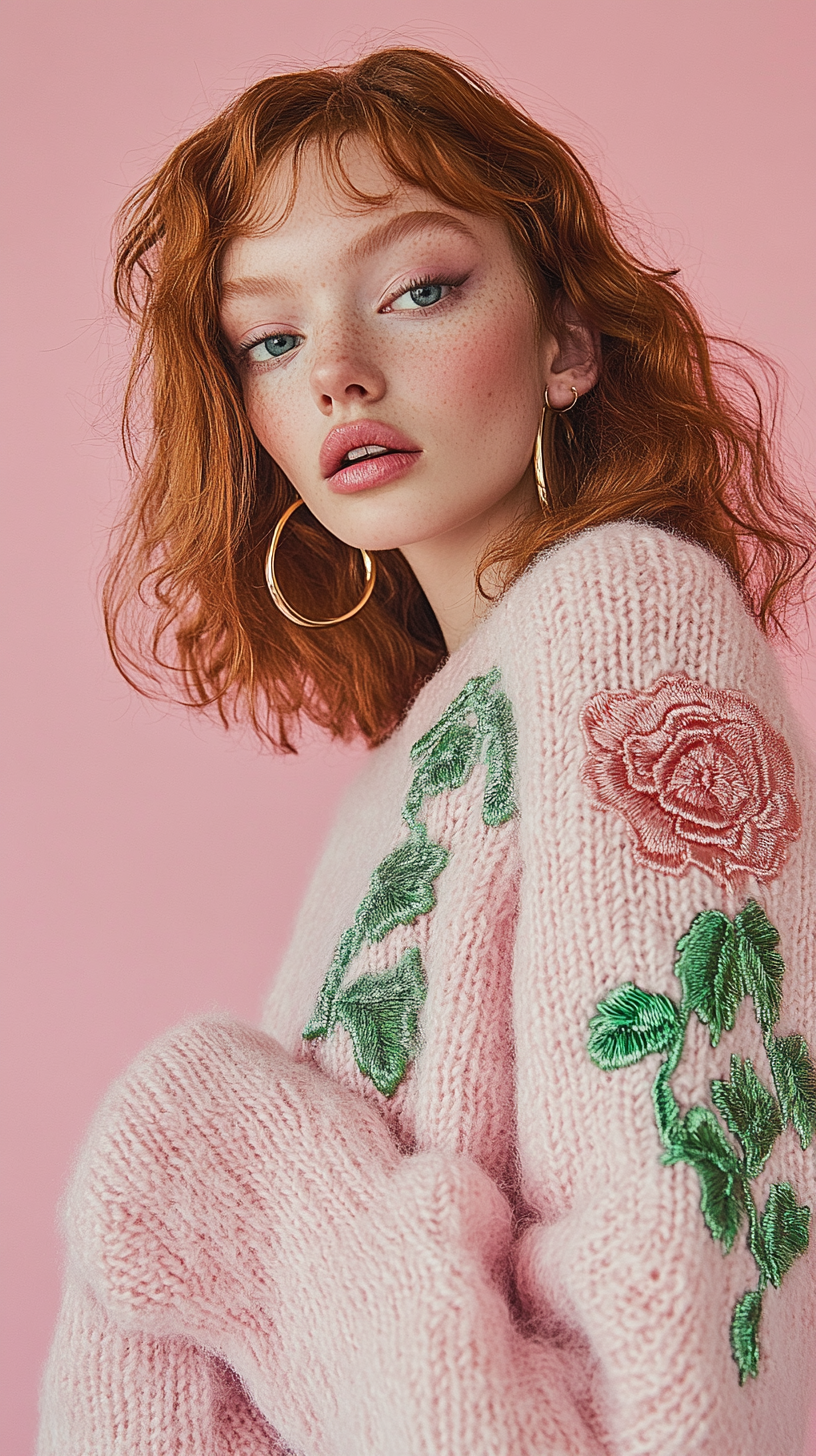Rose pattern long-sleeved turtleneck sweater