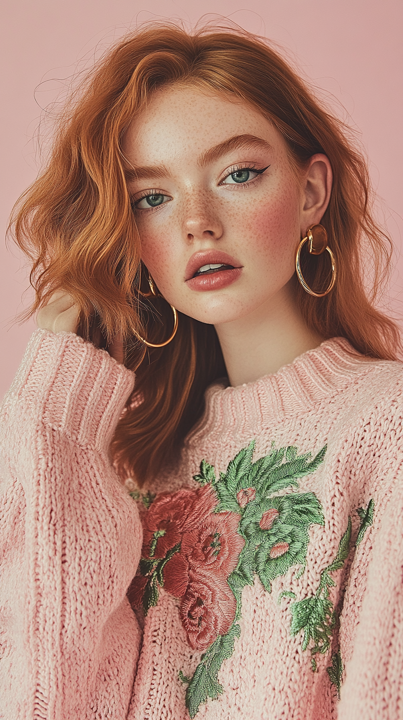 Rose pattern long-sleeved turtleneck sweater
