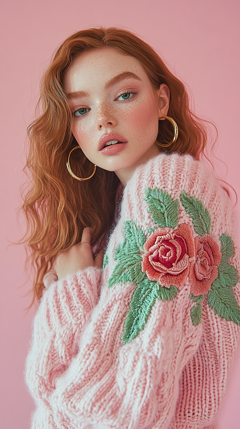 Rose pattern long-sleeved turtleneck sweater