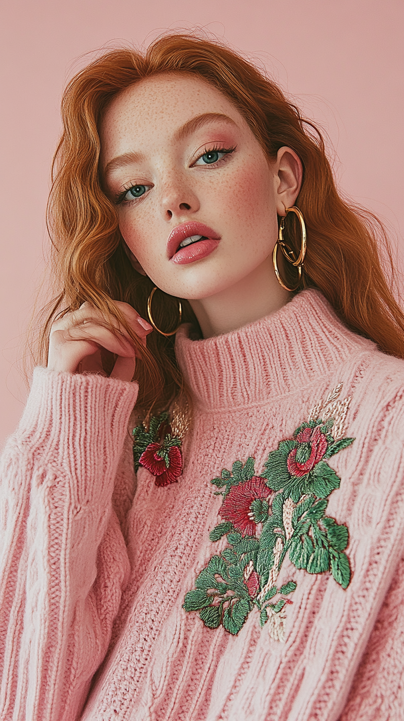 Rose pattern long-sleeved turtleneck sweater