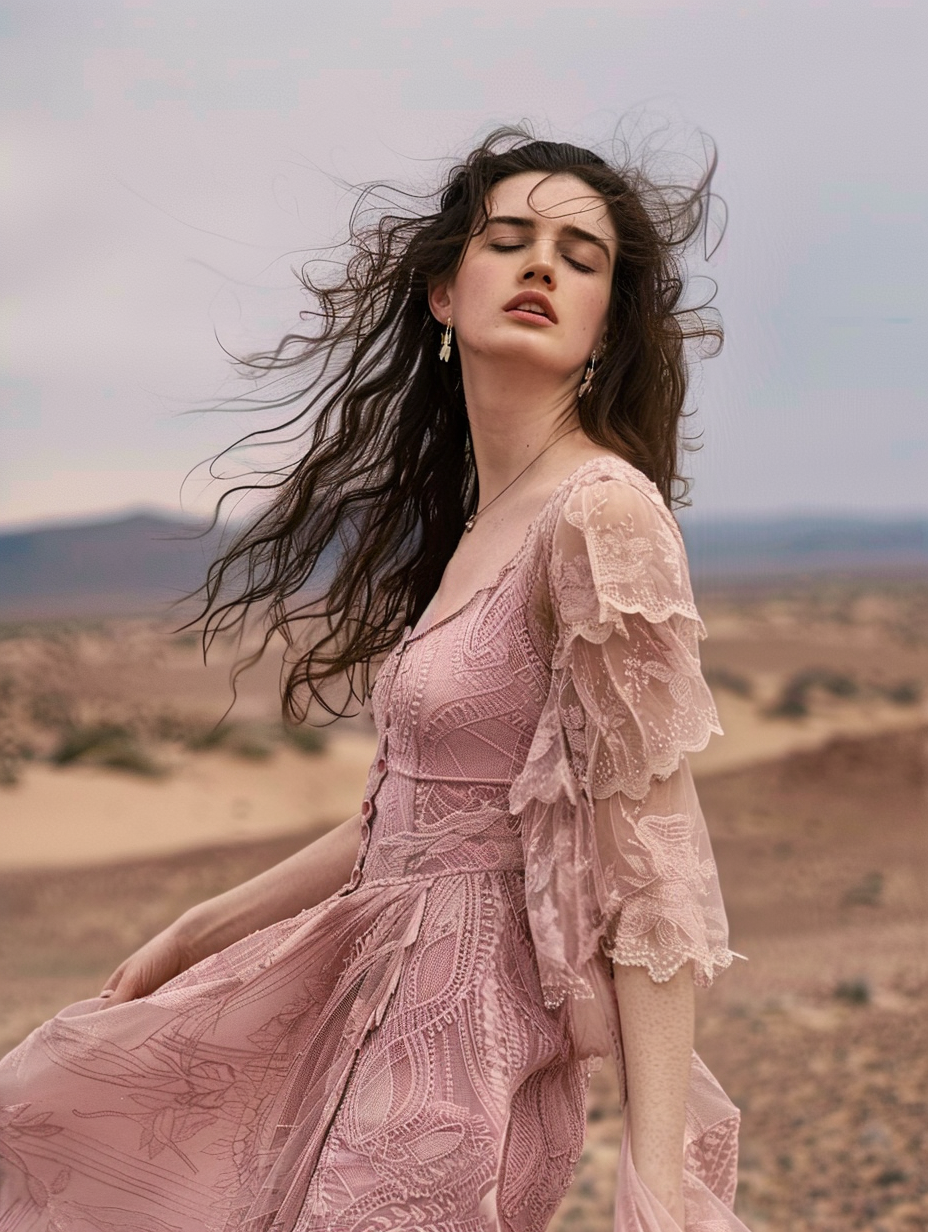 Lace V-neck Solid Asymmetrical Hem See-through Ruffle Maxi Dress