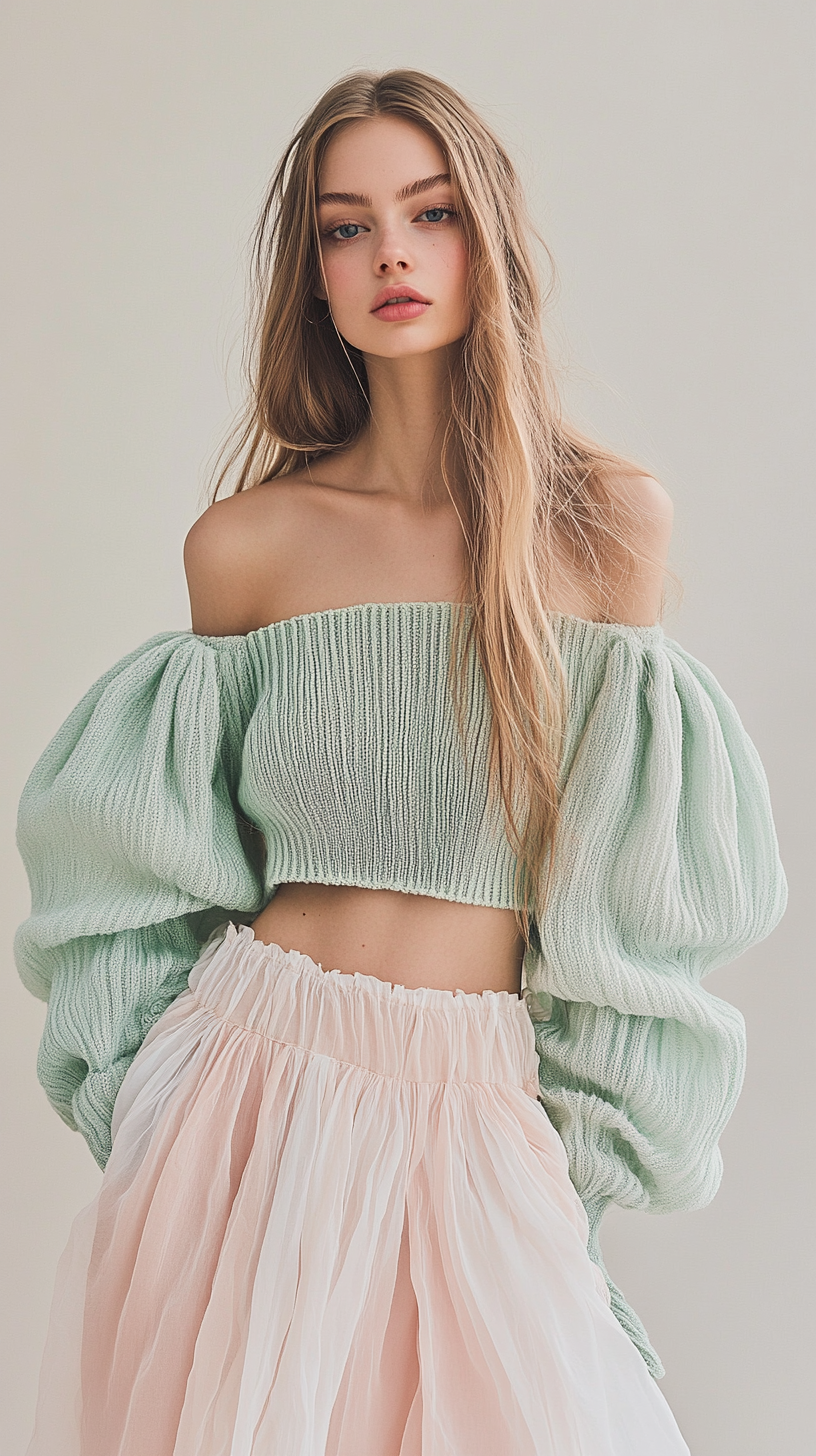 One-shoulder puffy sleeve shorts sweater
