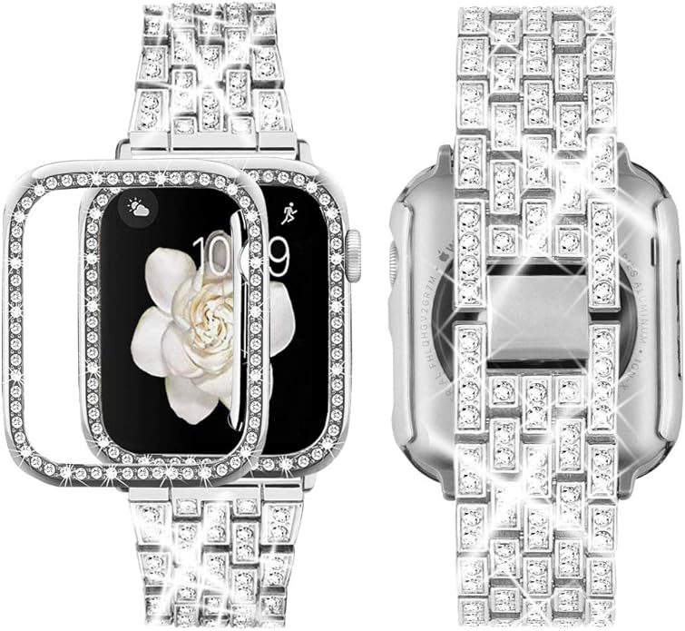 Apple Watch Band 38/40/41/42/44/45/46/49mm+ Case, Women Jewelry Bling Diamond Rhinestone Replacement Metal Bands & 2 Pack PC Protector Case for iWatch Ultra 3/2/1 Series 11/10/9/8/7/6/5/4/3/2/1/SE