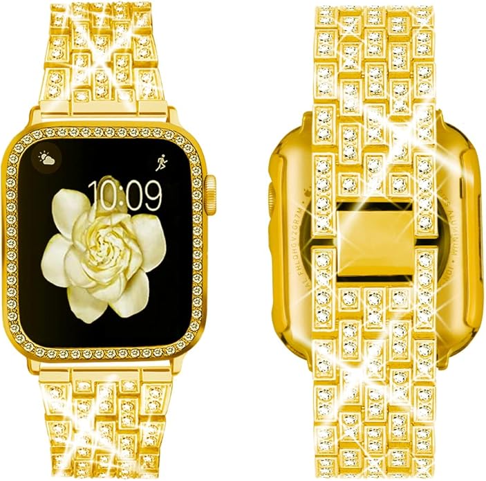 Apple Watch Band 38/40/41/42/44/45/46/49mm+ Case, Women Jewelry Bling Diamond Rhinestone Replacement Metal Bands & 2 Pack PC Protector Case for iWatch Ultra 3/2/1 Series 11/10/9/8/7/6/5/4/3/2/1/SE