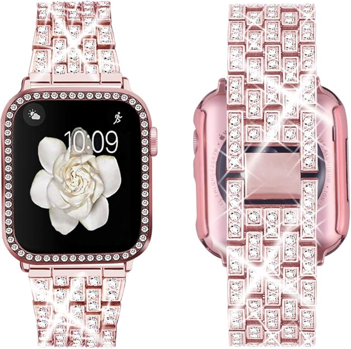 Apple Watch Band 38/40/41/42/44/45/46/49mm+ Case, Women Jewelry Bling Diamond Rhinestone Replacement Metal Bands & 2 Pack PC Protector Case for iWatch Ultra 3/2/1 Series 11/10/9/8/7/6/5/4/3/2/1/SE