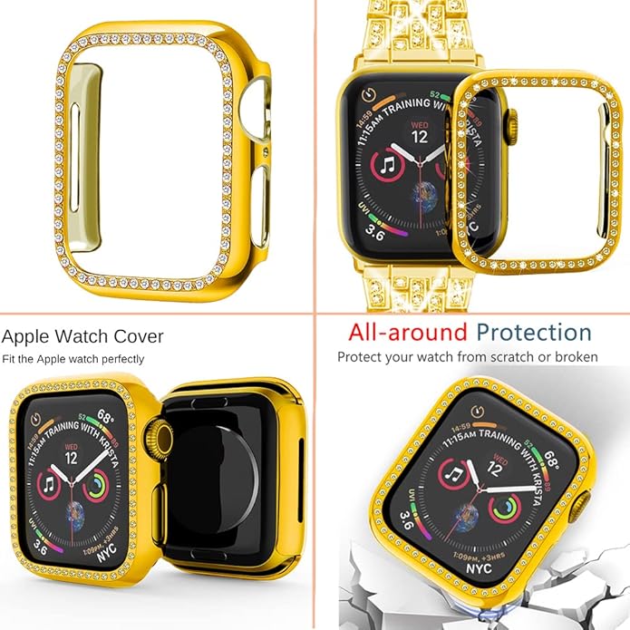 Apple Watch Band 38/40/41/42/44/45/46/49mm+ Case, Women Jewelry Bling Diamond Rhinestone Replacement Metal Bands & 2 Pack PC Protector Case for iWatch Ultra 3/2/1 Series 11/10/9/8/7/6/5/4/3/2/1/SE