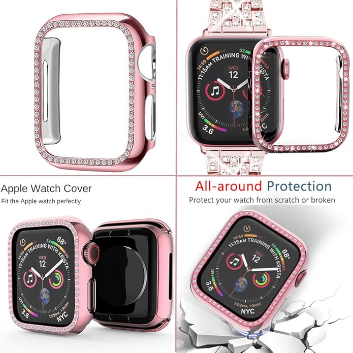 Apple Watch Band 38/40/41/42/44/45/46/49mm+ Case, Women Jewelry Bling Diamond Rhinestone Replacement Metal Bands & 2 Pack PC Protector Case for iWatch Ultra 3/2/1 Series 11/10/9/8/7/6/5/4/3/2/1/SE