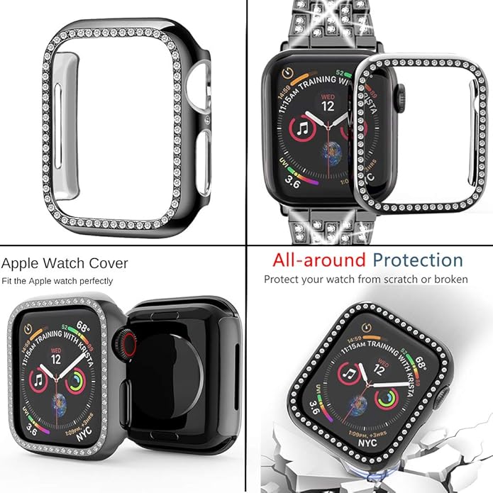 Apple Watch Band 38/40/41/42/44/45/46/49mm+ Case, Women Jewelry Bling Diamond Rhinestone Replacement Metal Bands & 2 Pack PC Protector Case for iWatch Ultra 3/2/1 Series 11/10/9/8/7/6/5/4/3/2/1/SE