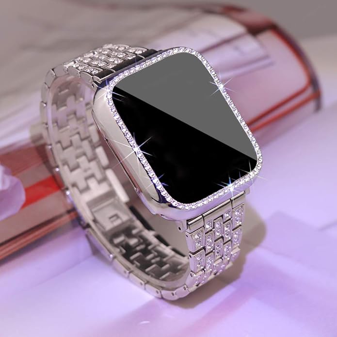 Apple Watch Band 38/40/41/42/44/45/46/49mm+ Case, Women Jewelry Bling Diamond Rhinestone Replacement Metal Bands & 2 Pack PC Protector Case for iWatch Ultra 3/2/1 Series 11/10/9/8/7/6/5/4/3/2/1/SE