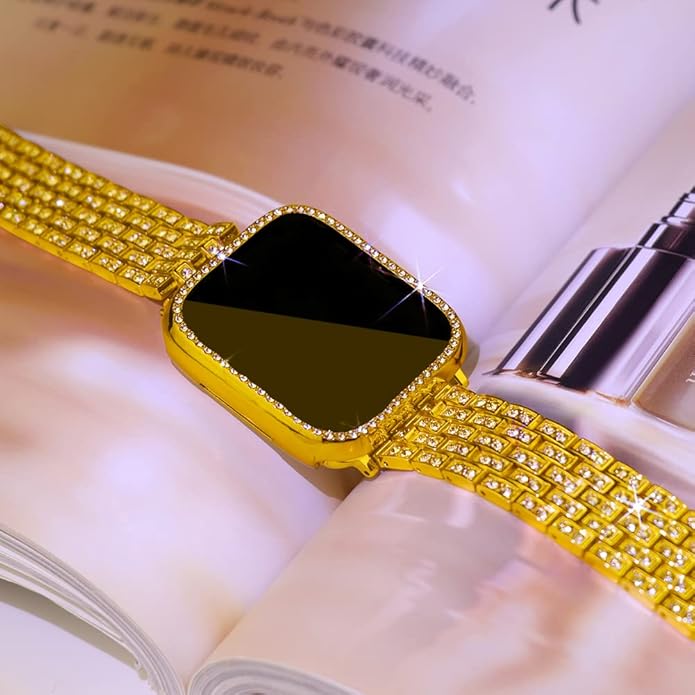 Apple Watch Band 38/40/41/42/44/45/46/49mm+ Case, Women Jewelry Bling Diamond Rhinestone Replacement Metal Bands & 2 Pack PC Protector Case for iWatch Ultra 3/2/1 Series 11/10/9/8/7/6/5/4/3/2/1/SE