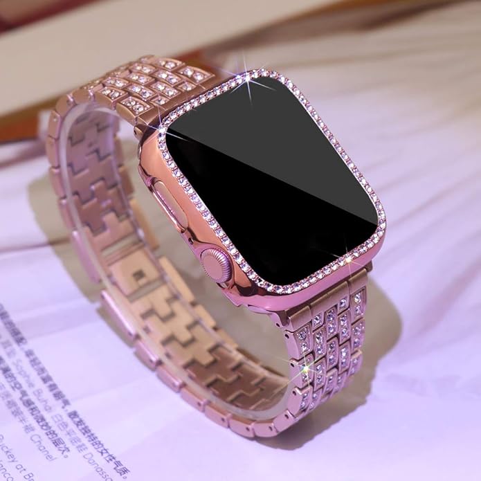 Apple Watch Band 38/40/41/42/44/45/46/49mm+ Case, Women Jewelry Bling Diamond Rhinestone Replacement Metal Bands & 2 Pack PC Protector Case for iWatch Ultra 3/2/1 Series 11/10/9/8/7/6/5/4/3/2/1/SE