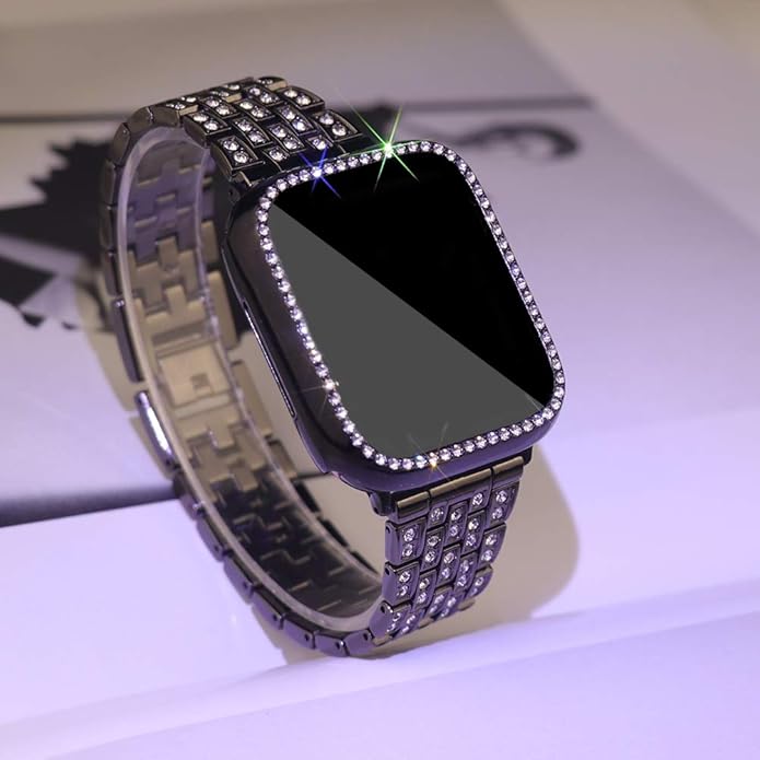 Apple Watch Band 38/40/41/42/44/45/46/49mm+ Case, Women Jewelry Bling Diamond Rhinestone Replacement Metal Bands & 2 Pack PC Protector Case for iWatch Ultra 3/2/1 Series 11/10/9/8/7/6/5/4/3/2/1/SE