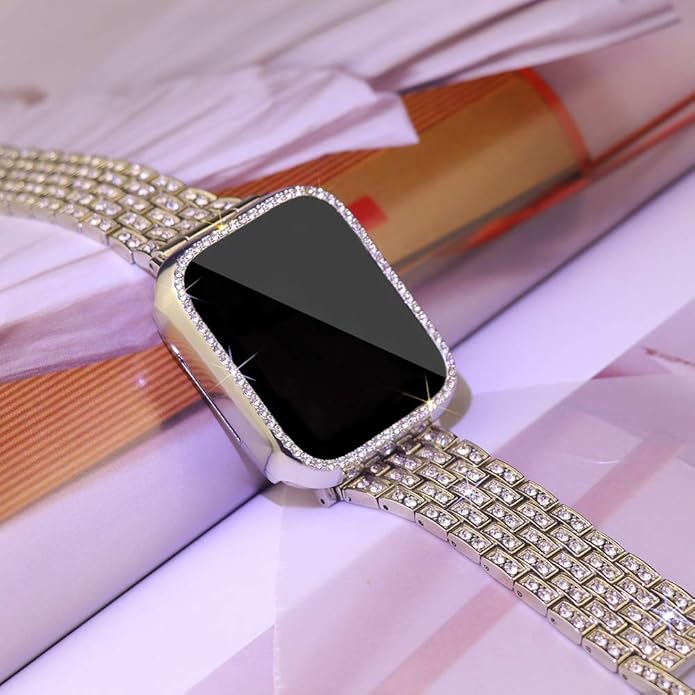 Apple Watch Band 38/40/41/42/44/45/46/49mm+ Case, Women Jewelry Bling Diamond Rhinestone Replacement Metal Bands & 2 Pack PC Protector Case for iWatch Ultra 3/2/1 Series 11/10/9/8/7/6/5/4/3/2/1/SE