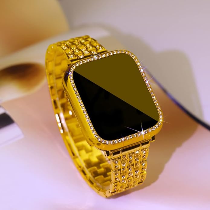 Apple Watch Band 38/40/41/42/44/45/46/49mm+ Case, Women Jewelry Bling Diamond Rhinestone Replacement Metal Bands & 2 Pack PC Protector Case for iWatch Ultra 3/2/1 Series 11/10/9/8/7/6/5/4/3/2/1/SE