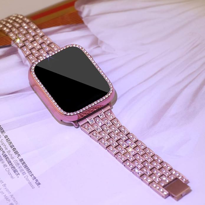 Apple Watch Band 38/40/41/42/44/45/46/49mm+ Case, Women Jewelry Bling Diamond Rhinestone Replacement Metal Bands & 2 Pack PC Protector Case for iWatch Ultra 3/2/1 Series 11/10/9/8/7/6/5/4/3/2/1/SE