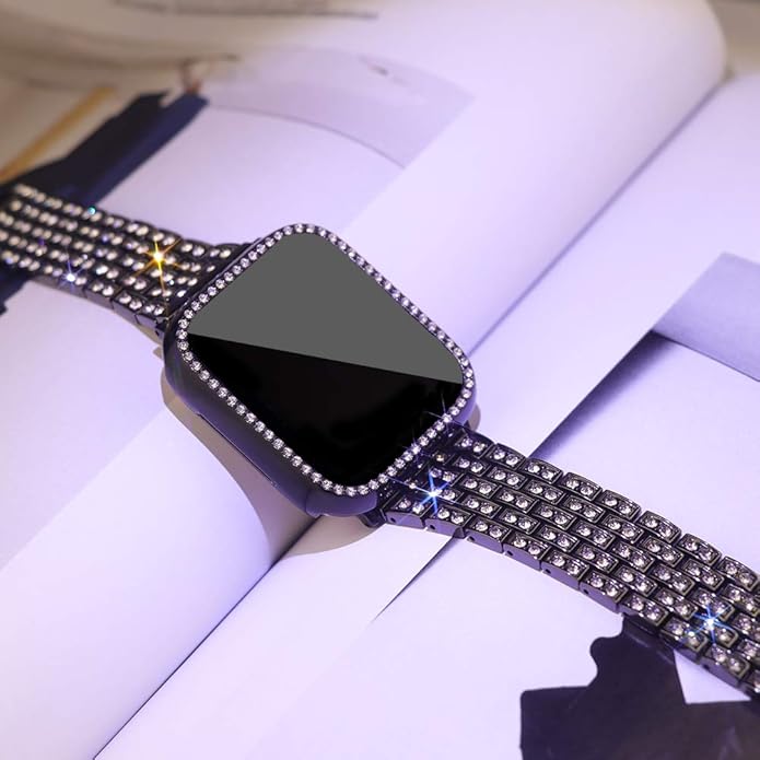 Apple Watch Band 38/40/41/42/44/45/46/49mm+ Case, Women Jewelry Bling Diamond Rhinestone Replacement Metal Bands & 2 Pack PC Protector Case for iWatch Ultra 3/2/1 Series 11/10/9/8/7/6/5/4/3/2/1/SE