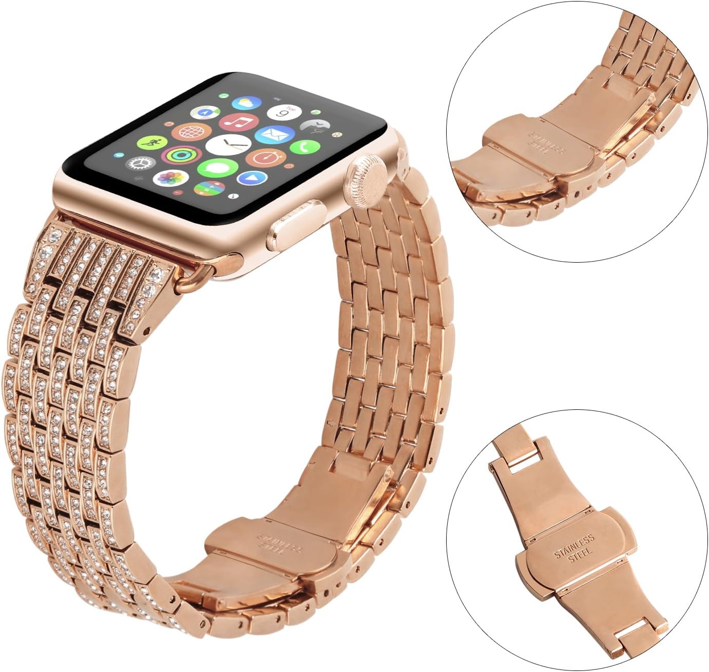 Apple Watch Band 38/40/41/42/44/45/46/49mm+ Case, Women Jewelry Bling Diamond Rhinestone Replacement Metal Bands & 2 Pack PC Protector Case for iWatch Ultra 3/2/1 Series 11/10/9/8/7/6/5/4/3/2/1/SE