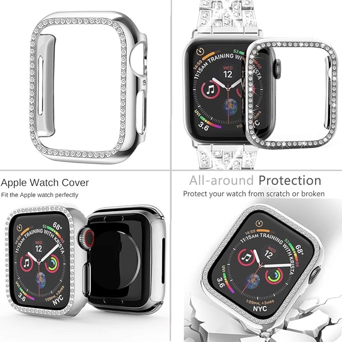 Apple Watch Band 38/40/41/42/44/45/46/49mm+ Case, Women Jewelry Bling Diamond Rhinestone Replacement Metal Bands & 2 Pack PC Protector Case for iWatch Ultra 3/2/1 Series 11/10/9/8/7/6/5/4/3/2/1/SE