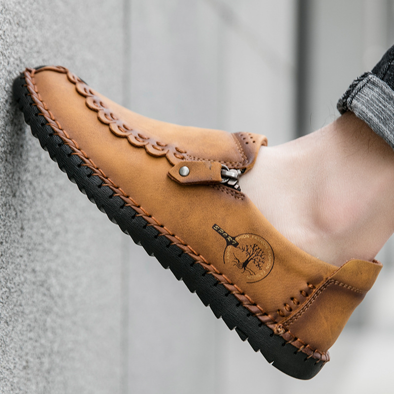 🔥Hot Sale🎉 Men Hand Stitching Vintage Casual Comfy Leather Soft Sole Zipper Slip On Loafers
