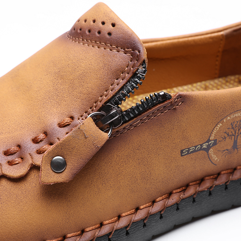 🔥Hot Sale🎉 Men Hand Stitching Vintage Casual Comfy Leather Soft Sole Zipper Slip On Loafers