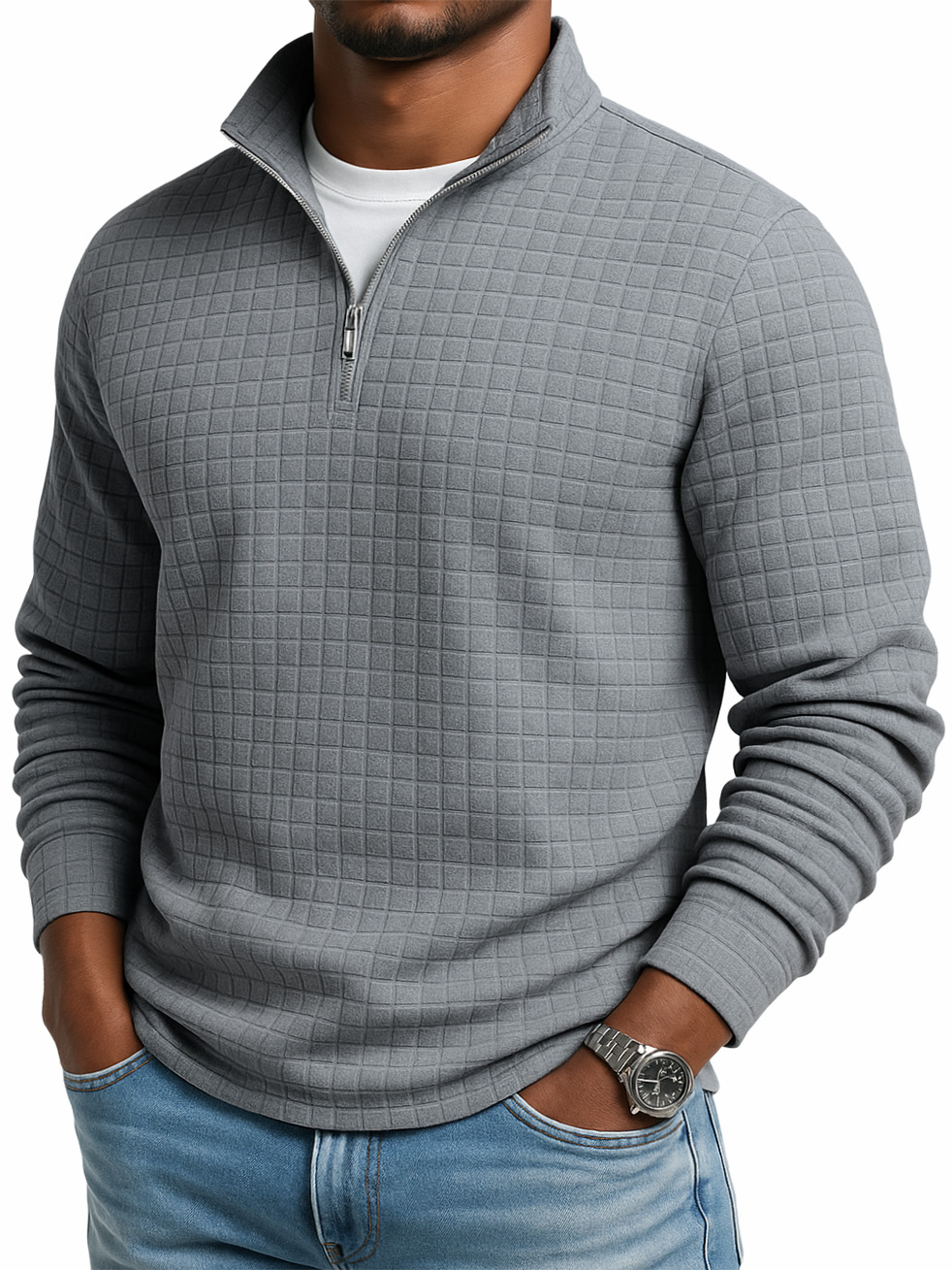 Men's Casual Solid Color Large Waffle Quarter Zip Stand Collar Sweatshirt