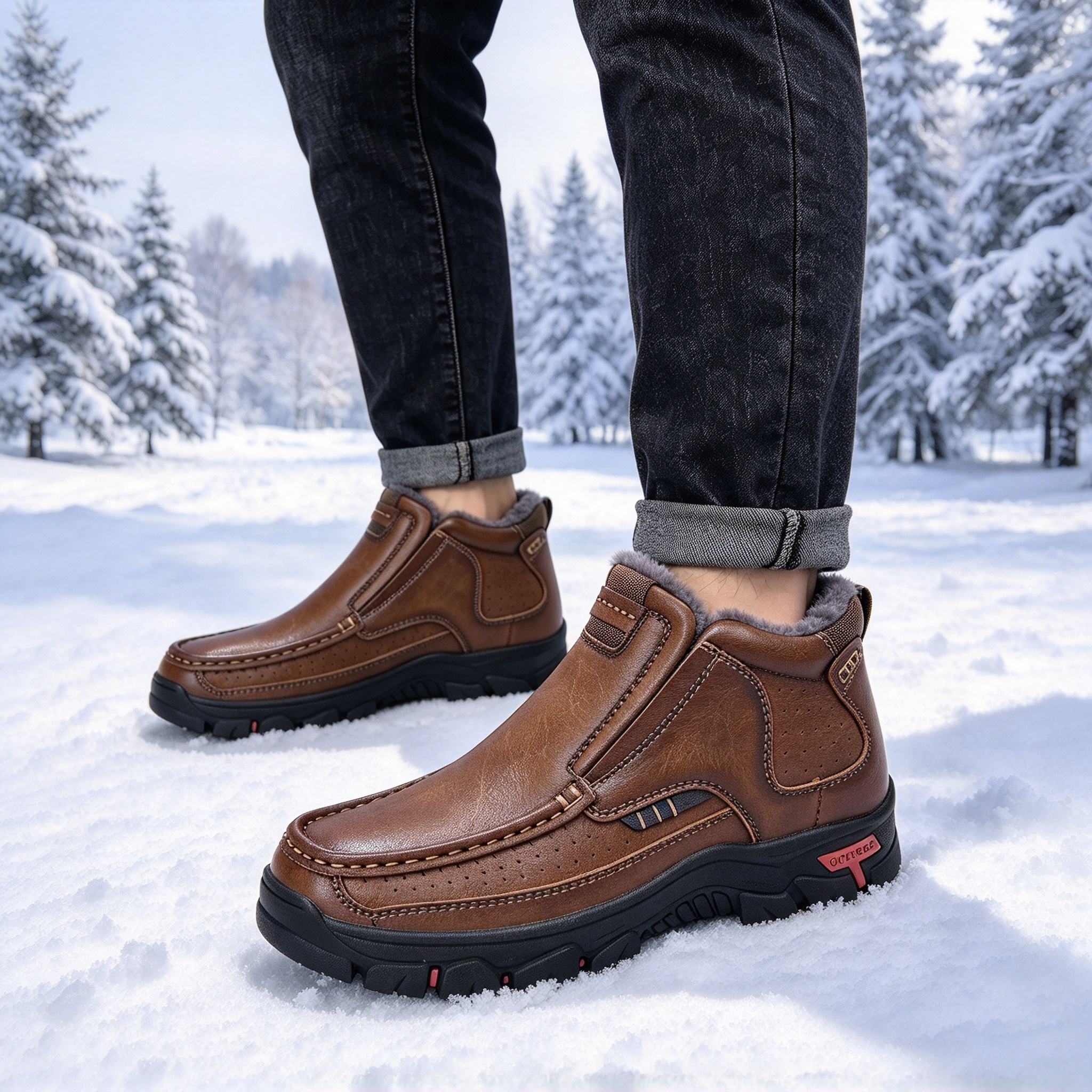 Men's Comfortable Leather Moccasin Chukka Boots Non-Slip Outdoor Work Boots - Fleece-lined version