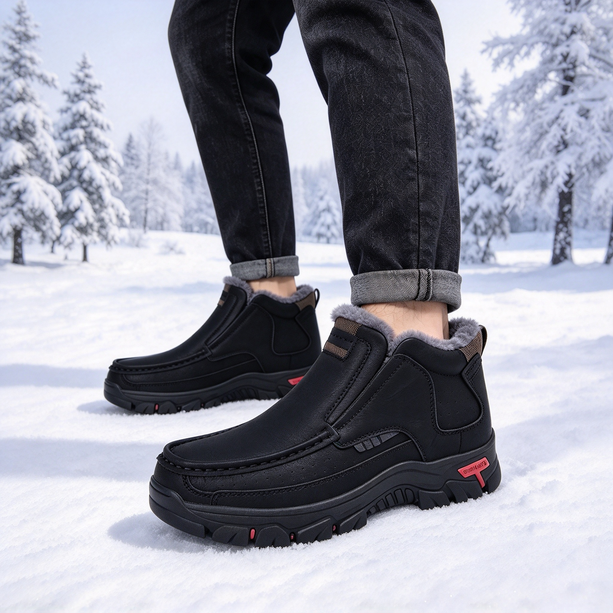 Men's Comfortable Leather Moccasin Chukka Boots Non-Slip Outdoor Work Boots - Fleece-lined version