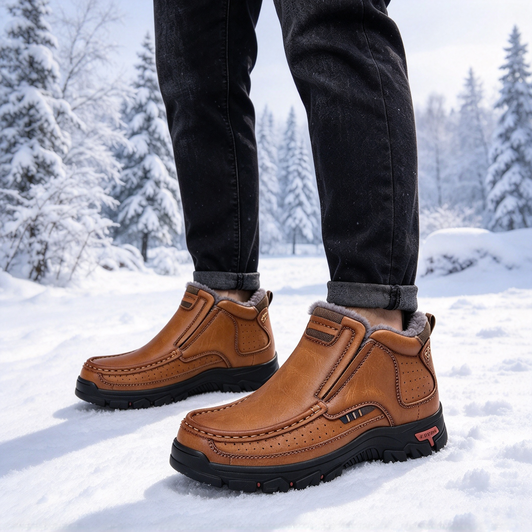 Men's Comfortable Leather Moccasin Chukka Boots Non-Slip Outdoor Work Boots - Fleece-lined version