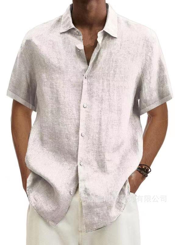 2024 Loose Cotton and Linen Lapel V-Neck Short Sleeve Shirt