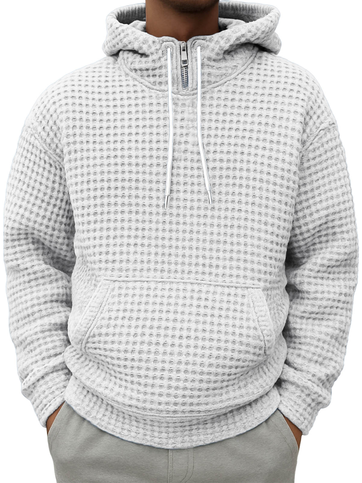 Men's Half-zip Plaid Textured Casual Hooded Sweatshirt
