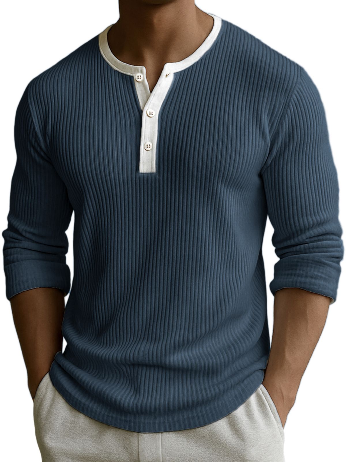 Men's Comfort Ribbed Texture Color-block Fittness Stylish Daily Henley Shirt