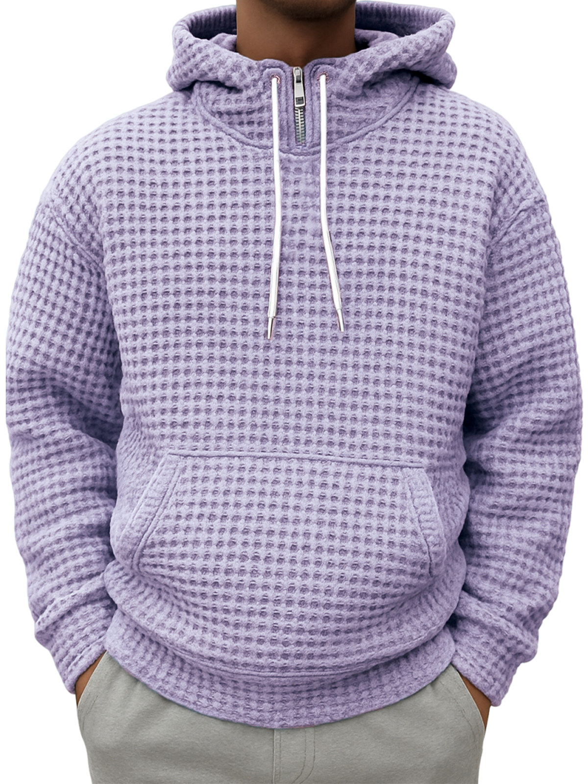Men's Half-zip Plaid Textured Casual Hooded Sweatshirt